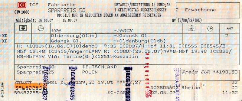 OLDENBURG, 16.06.2007, DB-Fahrkarte für zwei Personen von Oldenburg nach Danzig über Hannover, Berlin, Stettin und zurück, gelöst am 02.06.2007 im Reisezentrum im Bahnhof Rheine -- Fahrkarte eingescannt