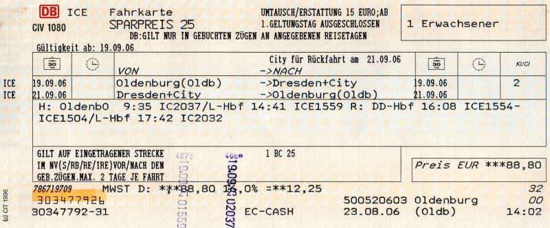 OLDENBURG, 19.09.2006, Fahrkarte von Oldenburg nach Dresden und zurück, gelöst am Schalter im Oldenburger Hauptbahnhof am 23.08.2006 -- Fahrkarte eingescannt