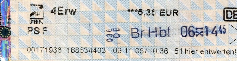 OLDENBURG/Oldb., 06.11.2005, Teil einer Mehrfachfahrkarte für vier Fahrten innerhalb des Verkehrsverbundes Bremen/Niedersachsen (VBN) von Oldenburg/Oldb. nach Bremen bzw. umgekehrt, gelöst am Automaten in Oldenburg Hauptbahnhof und abgestempelt in Bremen Hbf für die Fahrt nach Oldenburg -- Fahrkarte eingescannt
