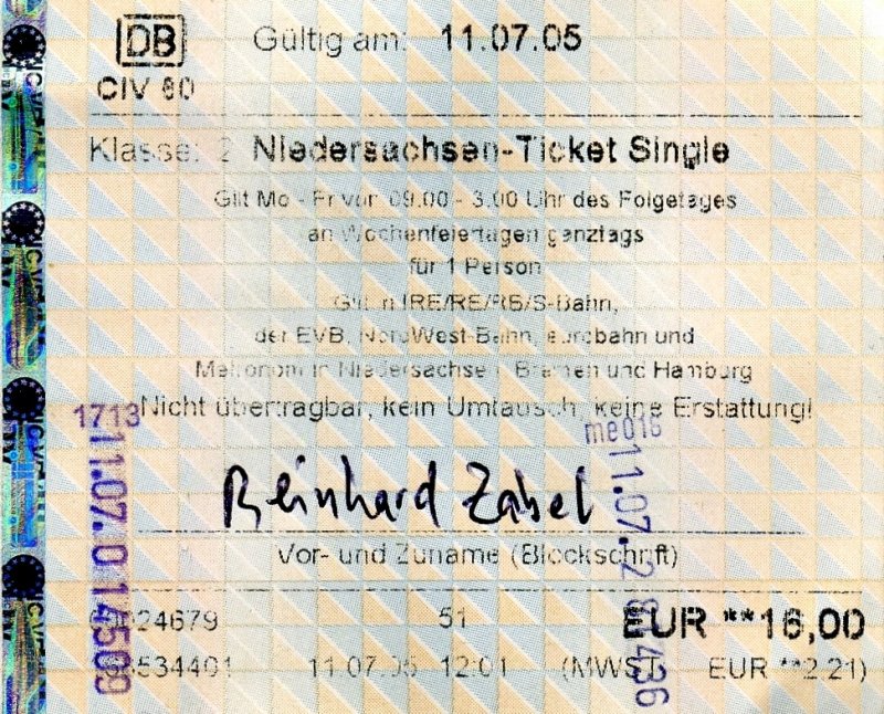 OLDENBURG/Oldb., 11.07.2005, ein Niedersachsen-Ticket Single, gelöst am Automaten im Hauptbahnhof Oldenburg/Oldb. -- Fahrkarte eingescannt
