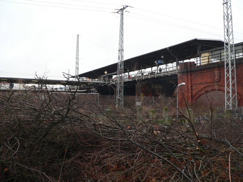 Ostkreuz am Anfang des Umbaus. Im Umfeld wurden fast alle Bume und Strucher entfernt. Hier der Zugang von der Hauptstrae im Sden mit Blick auf die Ringbahn (oben rechts). 21.1.2007