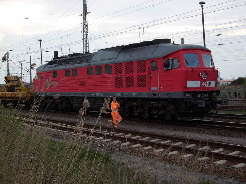 Pausengesprch am 27.April 2009 zwischen Rangierer und Lokfhrer in Bergen/Rgen.Die 233 206 stand mit einem Gleisbauzug.