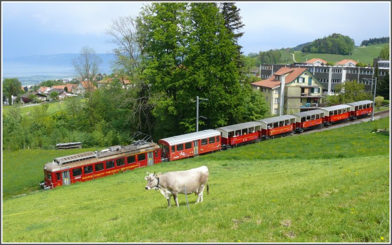 Pfingsten, Muttertag und schnes Wetter hat die Zge gefllt. ABDeh 2/4 24 mit dem Velowagen und den fnf offenen Sommerwagen unterhalb von Heiden. ber dem stlichen Bodensee braut sich langsam ein Gewitter zusammen. (11.05.2008)