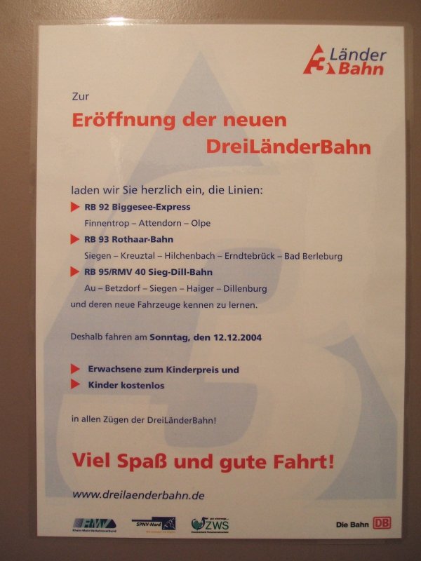 Plakat von der Erffnung der neuen DreiLnderBahn vom 12.12.2004