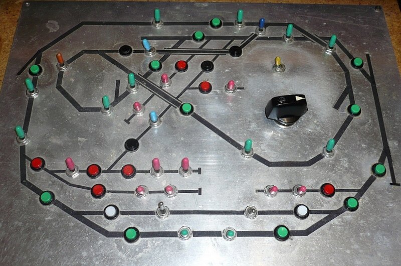Platte 2: Innere Kreis (grn und wei) und Abstell- und Werksgleise (rot), schwarze Tasten sind Kehrschleifen, die blauen Schalter dienen zur Voreinstellung der Einfahrrichtung, wenn der Zug oder die Lok im Bereich zwischen den Trennstellen ist, mu der gelbe Fahrrichtungsschalter umgeschaltet werden. bergnge zum Aussenkreis sind die 3 Gleisstummel nach aussen, zu einen dritten Kreis auf hherer Ebene nach innen.