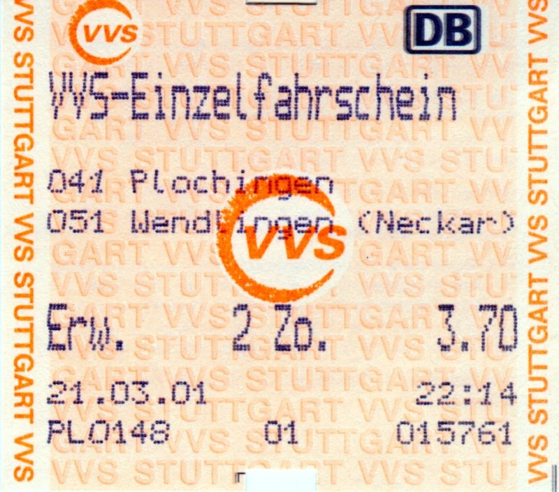 Plochingen, am Automaten gelster Einzelfahrschein 2.Zonen bei der VVS aus dem Jahre 2001 (Originalbeleg eingescannt)