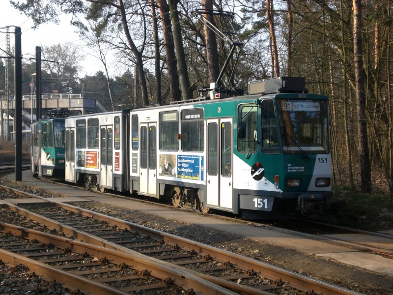 Potsdam: Stra�enbahnlinie 91 nach Bahnhof Pirschheide am Bahnhof Rehbr�cke.