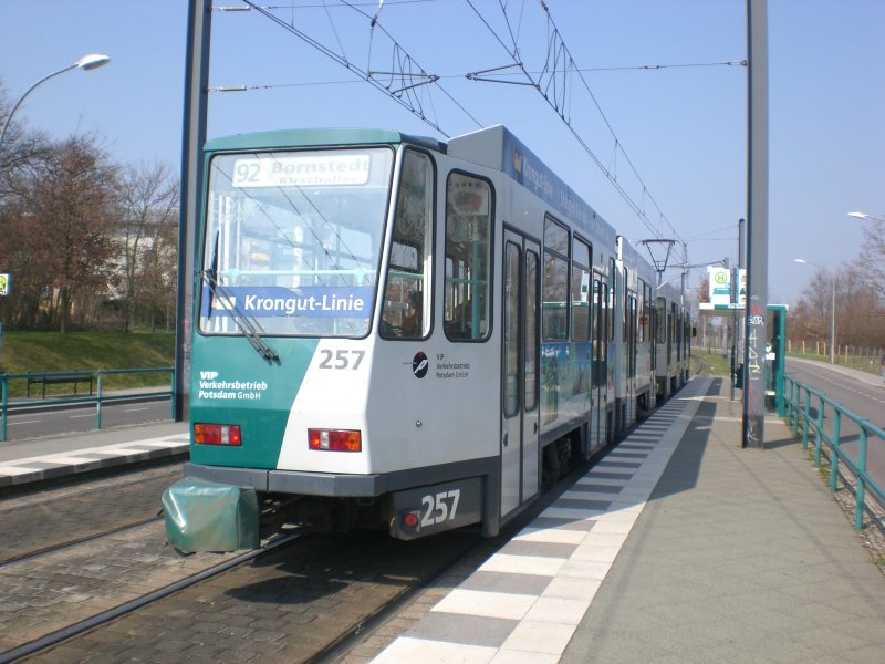 Potsdam: Straenbahnlinie 92 nach Bornstedt Kirschallee an der Haltestelle Jgervorstadt Am Schragen.