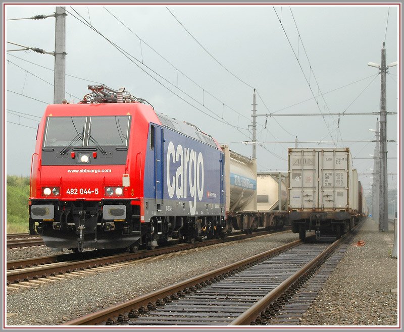 Premiere in der Steiermark. Erstmals kam eine SBB Maschine (482 044-5)nach Graz. Nach Einstellungsarbeiten am 3.7.2006 in der Traktion des Graz-Kflacherbahnhofes verlie sie, kalt geschleppt, die Steiermark am Abend mit dem LTE Containerzug G 43938.