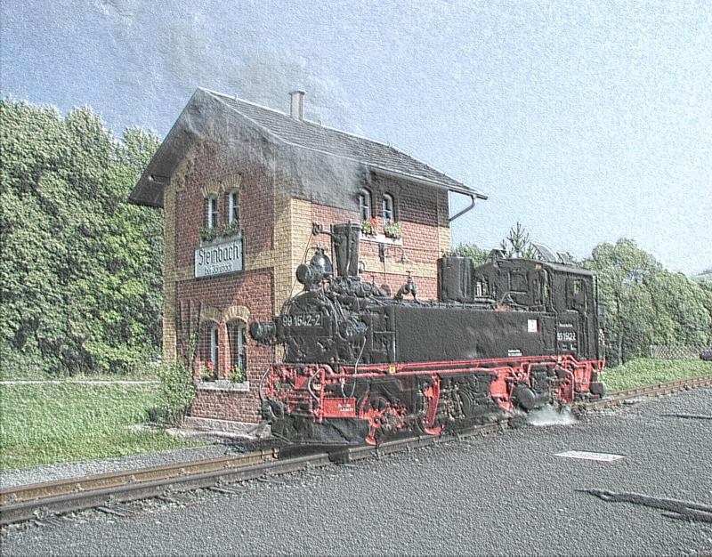 Pressnitztalbahn,Lok 99 1542-2 am 12.August 2004 vor dem Wasserhaus in Steinbach.Den grssten Teil dieser Bilder findet man auch  normal  bei bahnbilder.de