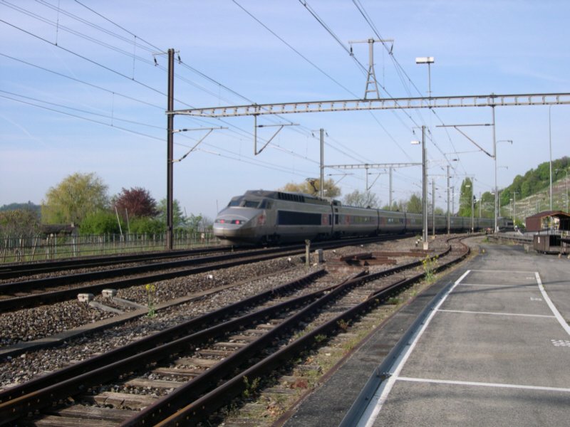 Quer durch die Schweiz 2008 - Nicht im Takt der schweizer Zge verkehren die beiden TGV-Zugpare von Bern nach Paris. Hier durcheilt am 04.05.2008 ein Zug des TGV-Lyria den Bahnhof von Twann am Bieler See. Es handelt sich dabei um den Triebzug 117.