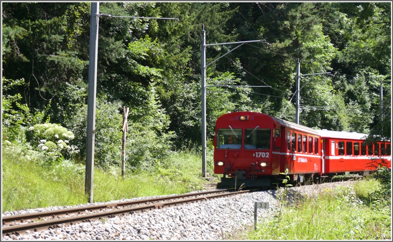 R1436 mit Steuerwagen 1702 oberhalb Sassal. Links des Andreaskreuzes wchst ein Riesenbrenklau heran, der schon 2m hoch ist. (19.07.2009)