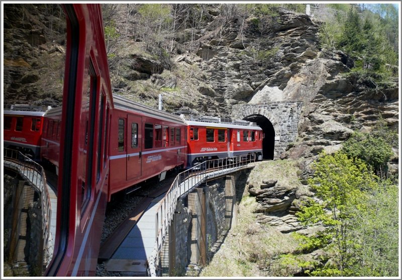 R1654 wird von ABe 4/4 III 52  Brusio  oberhalb von Privilasco die Steilrampe (70 o/oo) nach Cavaglia hoch gezogen. (23.04.2009)
