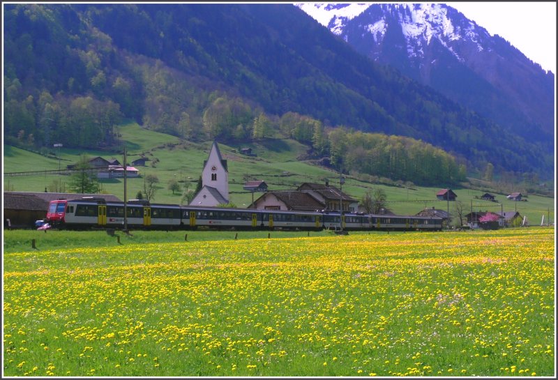 R7740 schaltet einen kurzen Halt ein in Diesbach-Bettschwanden. Whrend oben noch der Schnee hngt, ist der Talboden gelb durch die Millionen von Lwenzahn. (04.05.2008)