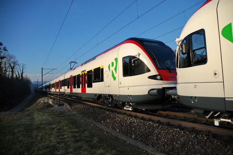 RABe 521 025-7 war so etwa in der Mitte gesammten Zuges. Das Ganze war sicher so lang wie ein ICE. Leider konnte ich sie nicht alle zusammen aufnehmen. Bei Zeihen (Aargau) am 14.12.2006