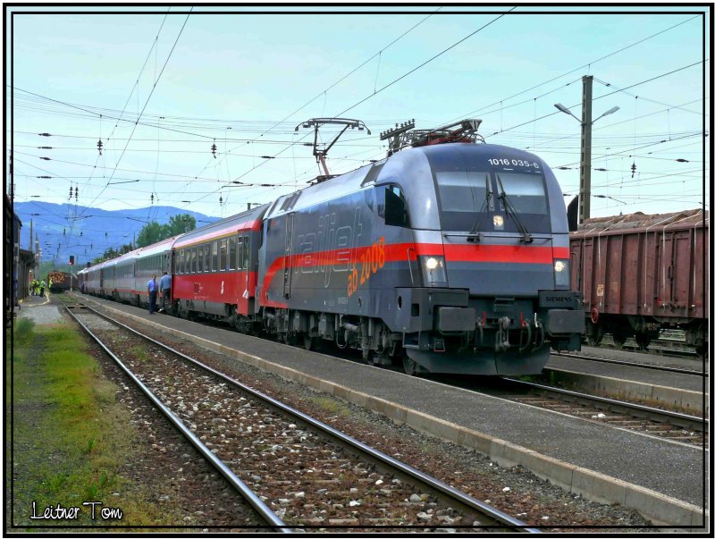Railjet 1016 035-6 Spirit of Linz Wifi Karriere Express im Bahnhof Zeltweg am 10.5.2007