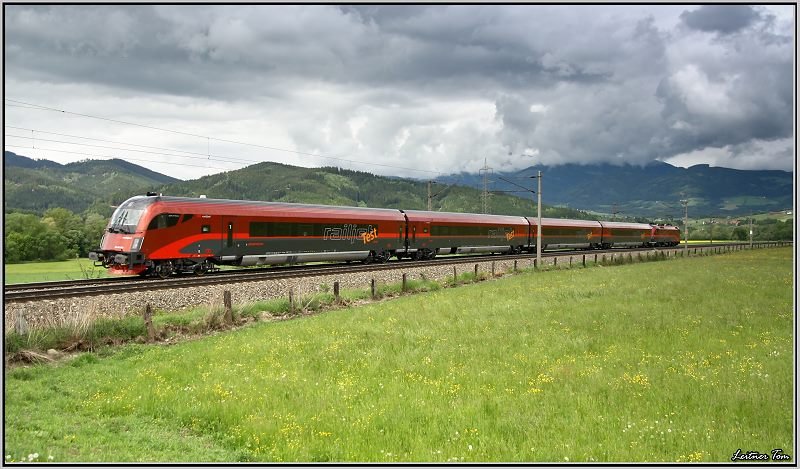 Railjet Versuchsfahrten im Aichfeld mit E-Lok 1116 201 und Steuerwagen 8090 702. 
St.Margarethen 20.05.2008