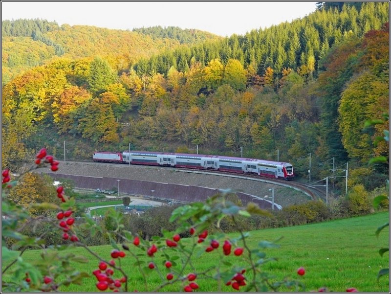 RB 3217 kommt am 09.10.08 aus Kautenbach und f�hrt durch die sch�ne Herbstlandschaft dem Endbahnhof Wiltz entgegen. (Jeanny)  