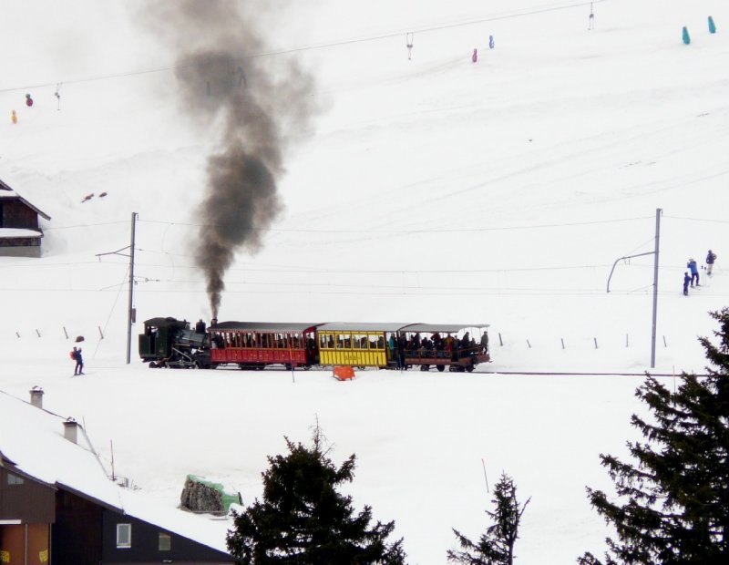 RB - Dampfzug unterwegs von Arth-Goldau nach Rigi Kulm kurz vor dem Bahnhof Rigi Staffel am 27.01.2008
