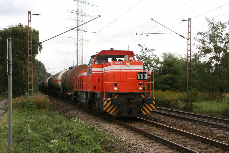 RBH 803 mit einem kurzen Kesselwagenzug am B in Gelsenkirchen Bismarck. 4.9.2009