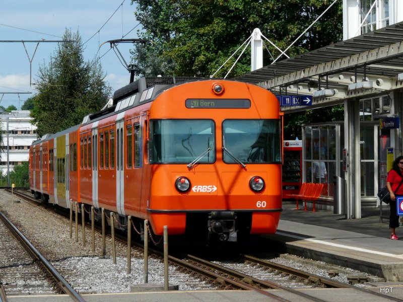 RBS - Triebwagen Be 4/12 60 unterwegs nach Bern bei der Haltestelle Ittigen am 22.08.2009