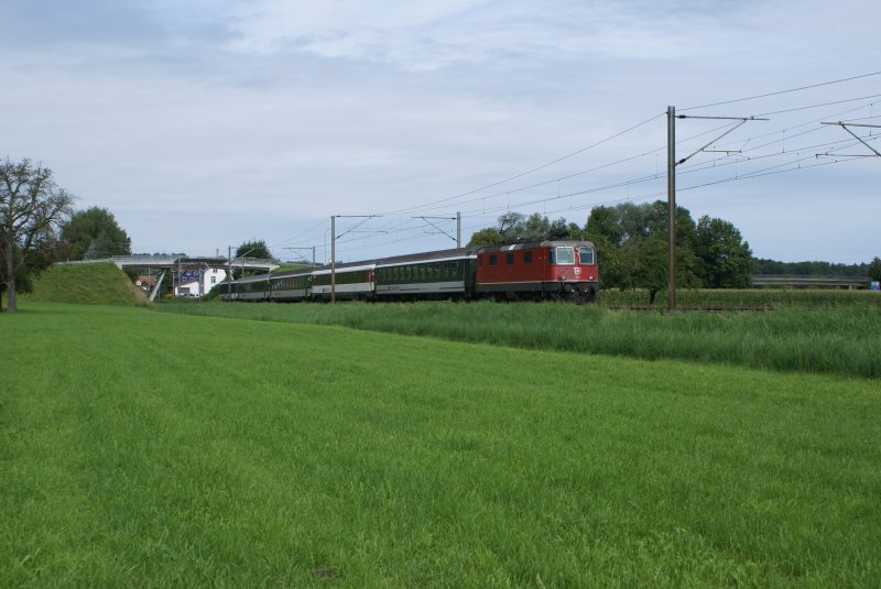 Re 4/4 II 11201 schleppt am 13.8.08 den RE 3815 von Rheineck Richtung St. Margrethen.