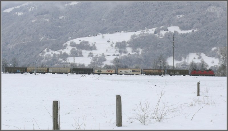 Re 4/4 II mit Gterzug in der Ebene bei Igis/Zizers. (26.03.2008)