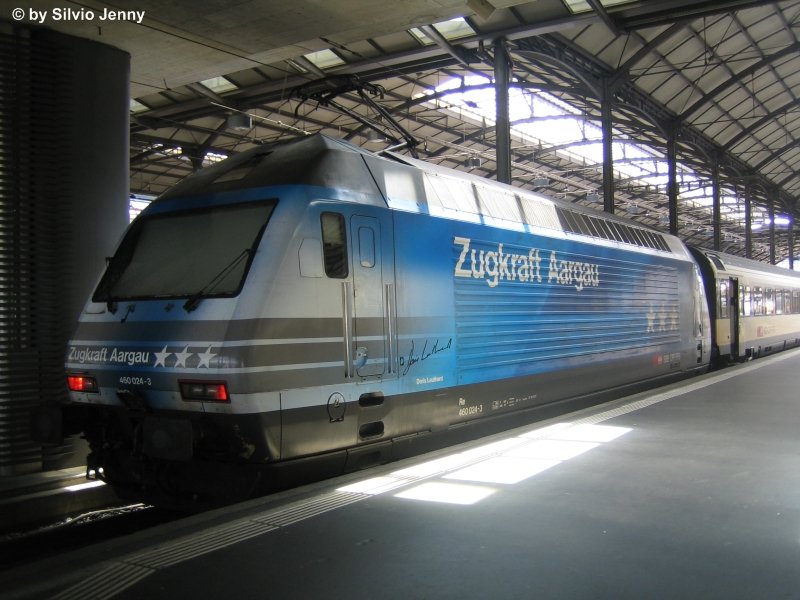 Re 460 024-3 ''Zugkraft Aargau II'' am 13.8.08 als IC nach Genve-Aroport in Luzern.