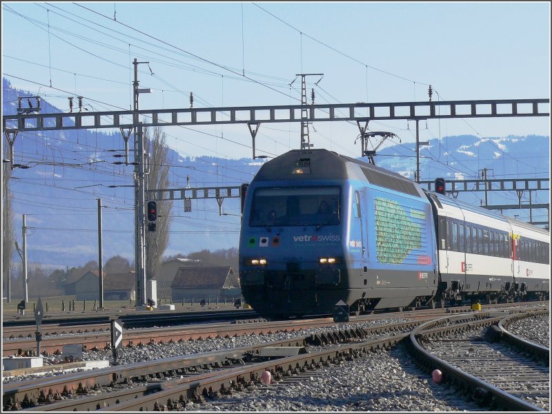 Re 460 371-4 wirbt fr die Altglasverwertung Schweiz, die hier sehr gut funktioniert. berall im Land stehen Container fr grnes-, weisses- und braunes Glas, was die drei Farbtupfer auf der Lokfront vermutlich symbolisieren sollen. Einfahrt Sargans. (29.01.2008)