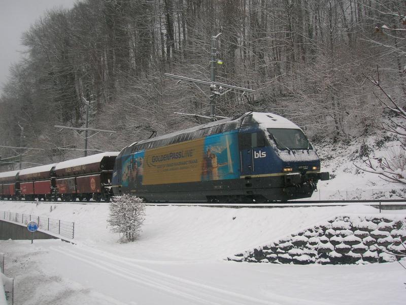 Re 465  Golden Pass  bei Rigips in Leissigen . (Februar 2006)