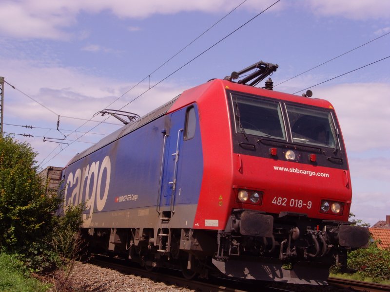 Re 482 018-9 mit einem gemischten Gterzug wartet in Schallstadt auf die Weiterfahrt nach Freiburg Gbf. 28.07.07