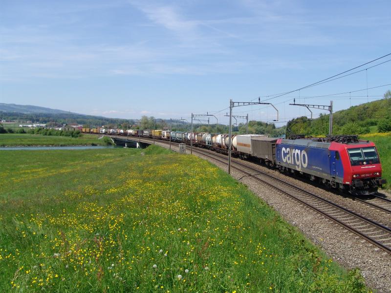 Re 482 024-7 berquert am 11.5.05 die Reussbrcke zwischen Oberrti und Rotkreuz