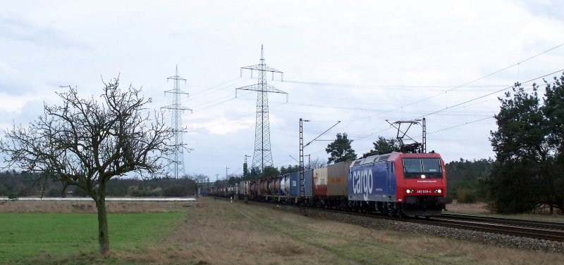 Re 482 030 mit einem gemischten Gterzug Richtung Mannheim bei Wiesental. Aufgenommen am 01.03.08.