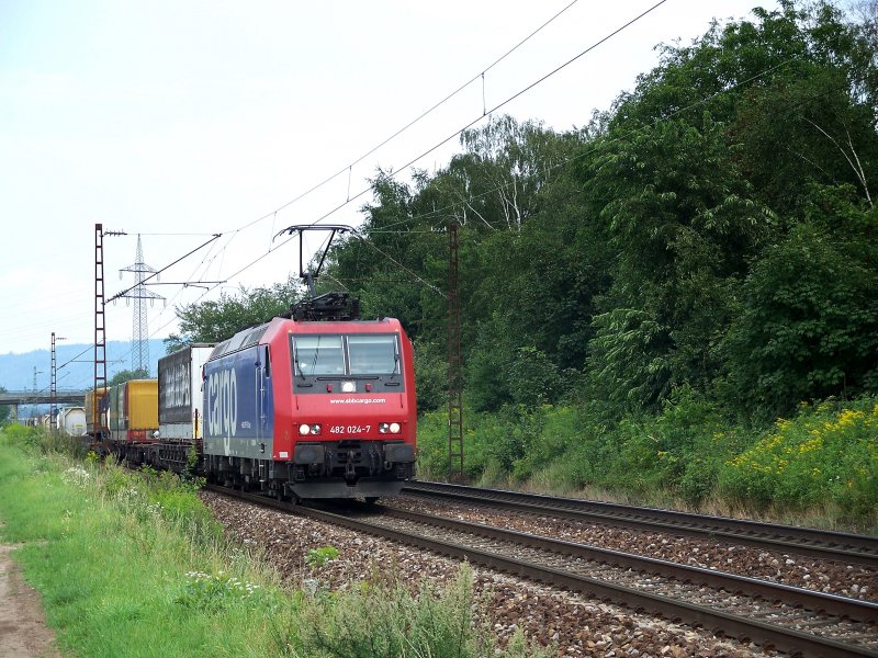 Re 482 mit einem GZ Richtung Rastatt, am 03.08.07 zwischen Malsch und Muggensturm.