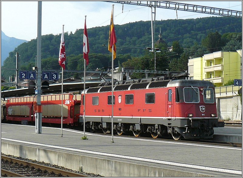 Re 6/6 11613  Rapperswil  durchfhrt am frhen Morgen des 01.08.08 mit einem Gterzug den Bahnhof von Spiez. (Hans)