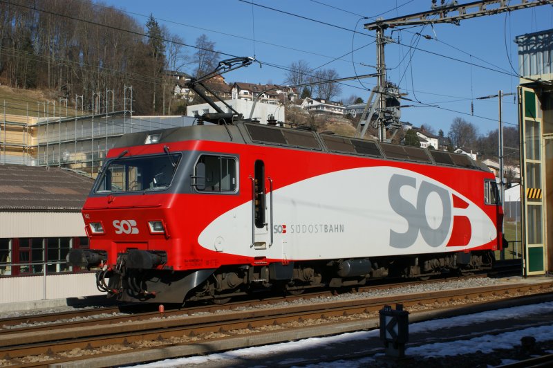 Re456142 der SOB frisch revidiert abgelichtet am 02.02.2009 in Herisau. Diese Lokomotive wurde langzeitig von den RM angemietet.