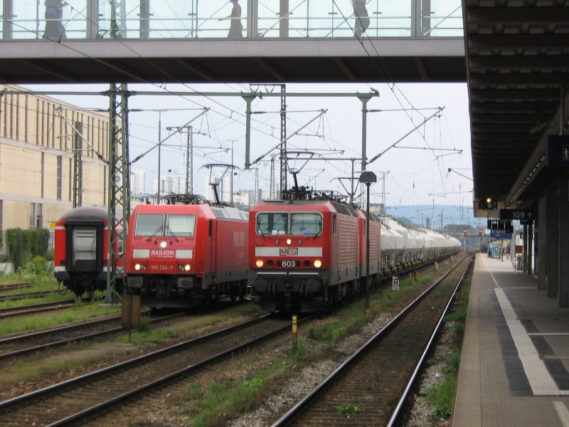 Rechts ein MEG Zug, bespannt mit zwei ex DB 143, links 185 284 von Railion. Aufgenommen am 3.8.2007 in Regensburg.