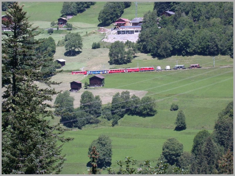 Regionalzug mit Gterlast nach Chur zwischen Peist und St.Peter-Molinis. (13.07.2007)