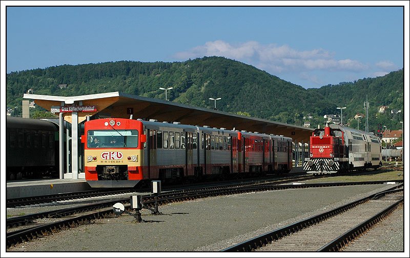 Regionalzug R 8560 von Wies-Eibiswald nach Graz Hauptbahnhof bei seiner vorletzten Station vor dem Zugendbahnhof, dem  Graz-K�flacher Bahnhof. Die Aufnahme entstand am 18.5.2007.