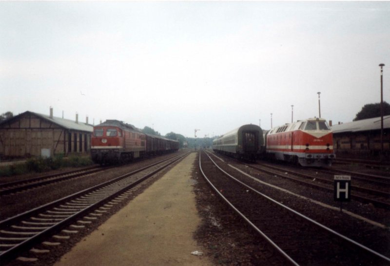 Reichsbahn pur! Im Jahre 1997 war es noch mglich. Whrend 219 054-4 umsetzt, fhrt 232 162-8 mit ihrer Planleistung von Bautzen durch Bischofswerda gen DD-Friedrichstadt. 