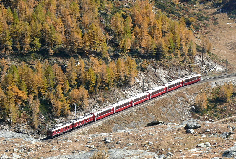 RhB - Bernina-Express 972 von Tirano nach St.Moritz am 12.10.2008 oberhalb Alp Grm mit Triebwagen ABe 4/4 III 54 - ABe 4/4 III 55 - Bp - Bp - Bp - Bps - Api - Ap
