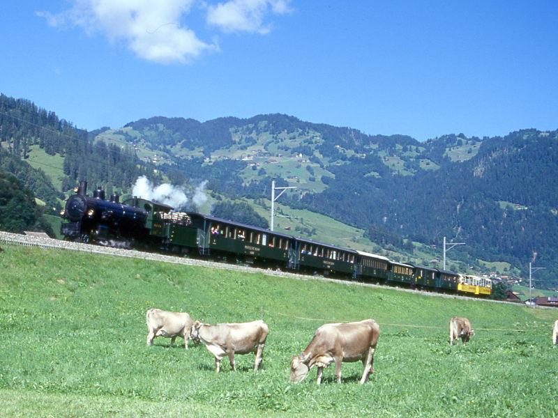 RhB Dampfextrazug fr GRAUBNDEN TOURS 3031 vom 20.06.1999 von Landquart nach Davos-Platz zwischen Jenaz und Fideris mit Dampflok G 4/5 107 - B 2245 - B 2246 - A 1102 - C 2012 - D 4052II - B 2060 - B 2102 - B 2092. Hinweis: hier gengt noch die Dampflok allein fr die lange Kompo, ab Kblis wird aus Lastgrnden Vorspann bentigt. Am Zugende laufen zwei in einer Dampfzugkompo selten gesehene gelbe offene Bernina-Aussichtswagen mit! 