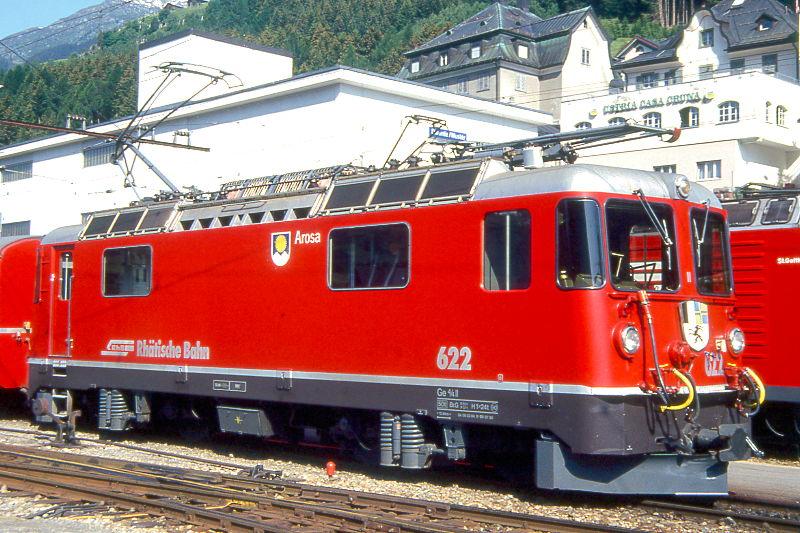 RhB - Ge 4/4II 622  AROSA  am 06.06.1993 in DISENTIS - THYRISTOR-STRECKEN-LOKOMOTIVE - bernahme 08.03.1984 - SLM5263/BBC - 1700 KW - Gewicht 50,00t - LP 12,74m - zulssige Geschwindigkeit 90 km/h.
