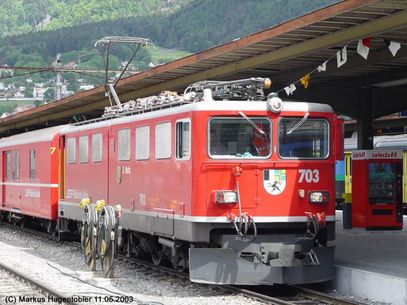 RhB Ge 6/6 II 703  St.Moritz  mit den neuen Scheinwerfer am 11.05.2003 in Chur
