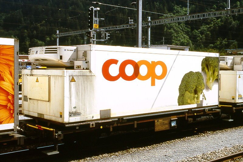 RhB - Lb 7864 am 01.09.2007 in Thusis - Containertragwagen (COOP Broccoli) 2-achsig mit 1 offenen Plattform - Baujahr 1963 - JMR - Gewicht 5,69t - Ladegewicht 17,00t - LP 9,14m - zulssige Geschwindigkeit 60 km/h - 3=09.04.1999 - Lebenslauf: ex K 5055 - 1969 Gb 5055 - 08/1998a - 09.04.1999 Lb-v 7864 - 17.07.2006 Lb 7864
