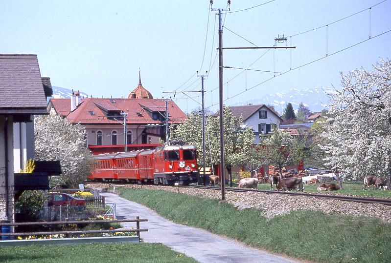 RhB Regionalzug 47 von Landquart nach Davos-Platz vom 25.04.1992 Ausfahrt Malans mit E-Lok Ge 4/4II 615 - D - B - B - B - A. Hinweis: 300er-Teleaufnahme mit blhenden Bumen.