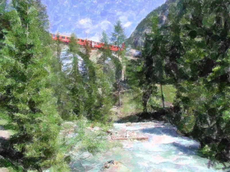 RhB,Die Albulabahn im Jubilumsjahr 2003.Foto verfremdet mit  Picture it 