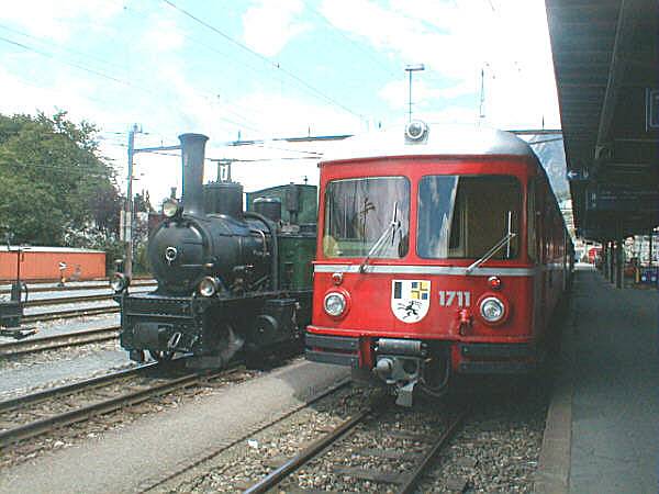 RhB,Pendelzug Steuerwagen Be4/4 mit Dampflok No.1 Rtia in Chur