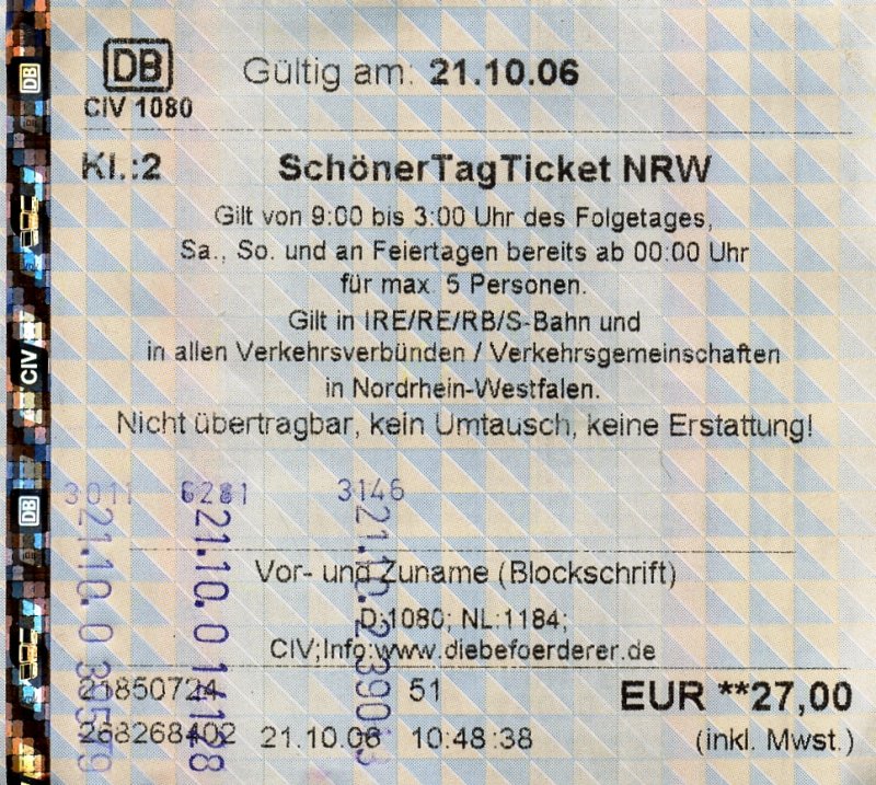 RHEINE (Kreis Steinfurt), 21.10.2006, Schöner Tag Ticket NRW für maximal fünf Personen, gelöst am Automaten im Bahnhof Rheine -- Fahrkarte eingescannt