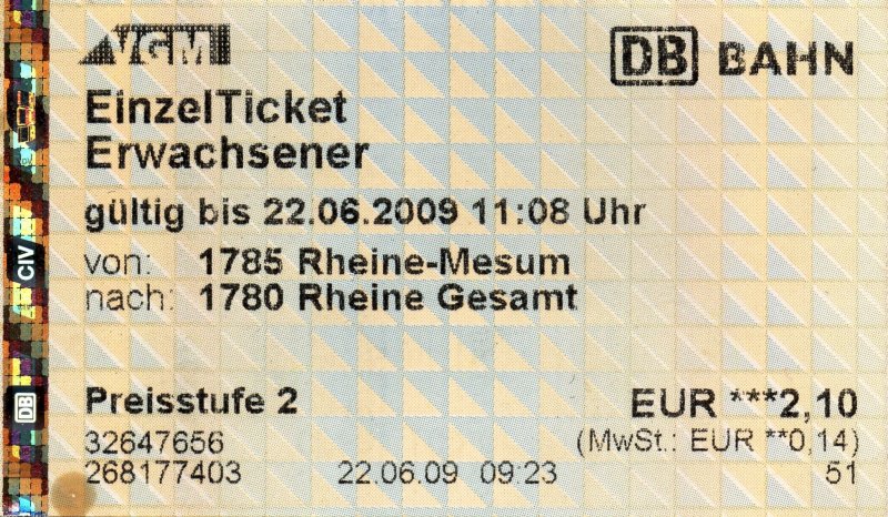 RHEINE (Kreis Steinfurt), 22.06.2009, Einzel-Ticket der Verkehrsgemeinschaft Münsterland (VGM) für eine Fahrt von Rheine-Mesum nach Rheine, gelöst am Automaten auf dem Bahnhof Rheine-Mesum -- Fahrkarte eingescannt